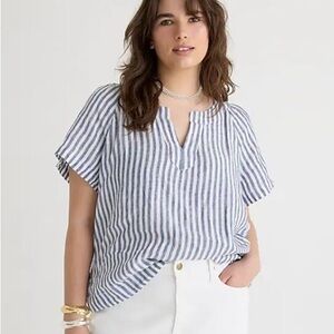 J. Crew Linen Blue White Striped Top Short Sleeve V-Neck Nautical Coastal Summer